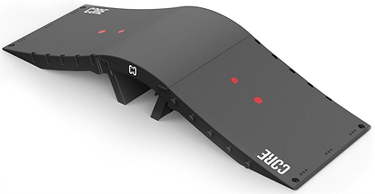 The CORE Mini Wave Bridge Connector is a black modular ramp with a wavy surface, two red circular markers, and “CORE” in white on both ends—ideal for any skate setup and compatible with ramp connectors for customization.
