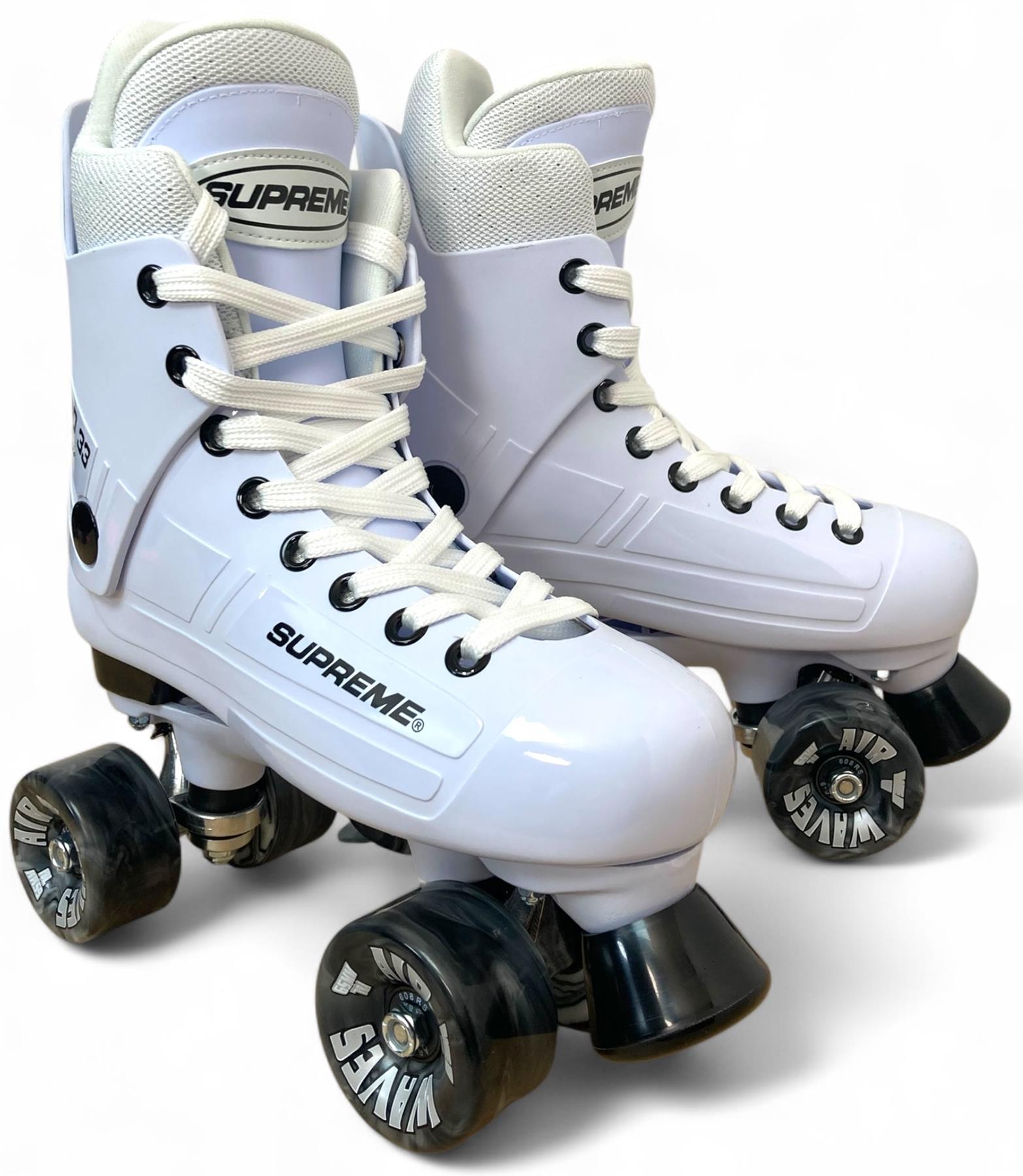 A pair of Supreme Turbo 33 Nylon Quad Roller Skates in white with black swirl wheels and white laces, shown against a plain white background.