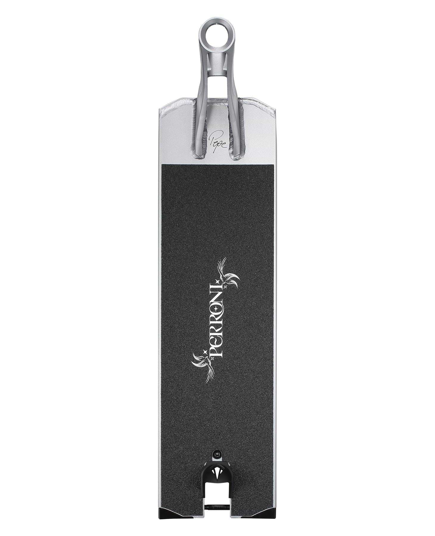 Top view of the Blunt Envy AOS V6 Jonathan Perroni Signature Stunt Scooter Deck (6.5" x 23") in black and silver, featuring "Perroni" and two small white graphics on the grip tape, set against a plain white background.