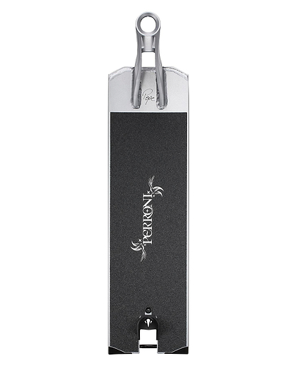 Top view of the Blunt Envy AOS V6 Jonathan Perroni Signature Stunt Scooter Deck (6.5" x 23") in black and silver, featuring "Perroni" and two small white graphics on the grip tape, set against a plain white background.