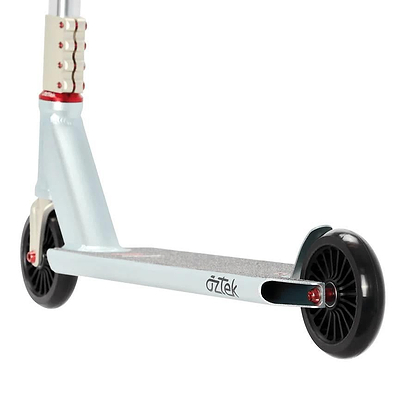 A close-up of the Aztek Corsa Complete Stunt Scooter - Blue shows its deck, rear wheel, and handlebar stem. This lightweight Aztek scooter features black wheels and red axle bolts—ideal for park riders.