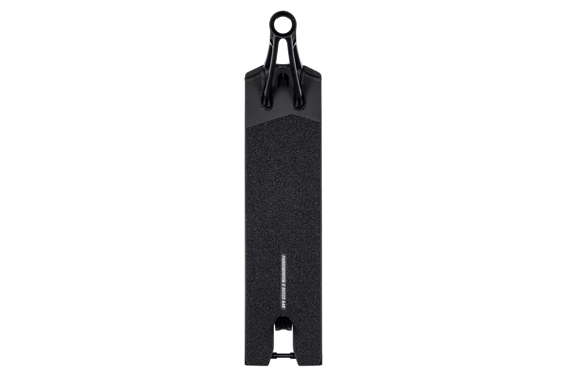 The Ethic DTC Pandemonium V2 Boxed Black Stunt Scooter Deck, measuring 5.5" x 22.8", boasts an ultra-lightweight design with a black grip tape surface and a robust metal frame. It features a rear cutout, rounded end, and integrated brake mount, providing excellent traction for riders while highlighting its advanced design.