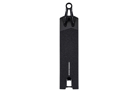 The Ethic DTC Pandemonium V2 Boxed Black Stunt Scooter Deck, measuring 5.5" x 22.8", boasts an ultra-lightweight design with a black grip tape surface and a robust metal frame. It features a rear cutout, rounded end, and integrated brake mount, providing excellent traction for riders while highlighting its advanced design.