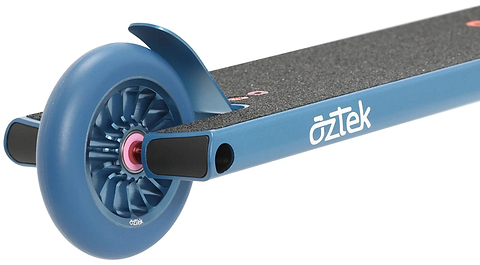 Close-up of the rear wheel and deck of an Aztek Architect 2 Complete Stunt Scooter in Neptune Blue, featuring textured black grip tape and the white "Aztek" brand name on the side.