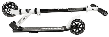 The Madd Gear (MGP) Metro Rush 125 Kids Foldable Scooter in white and black is shown folded, with both wheels parallel and handlebars beside the textured footboard. Its large 125mm LED wheels offer added stability and style.