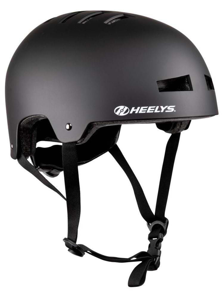 The Heelys F2 Skate Protection Helmet - Black by Heelys features ventilation slots, an adjustable chin strap, and a side logo—perfect headgear for skate adventures.