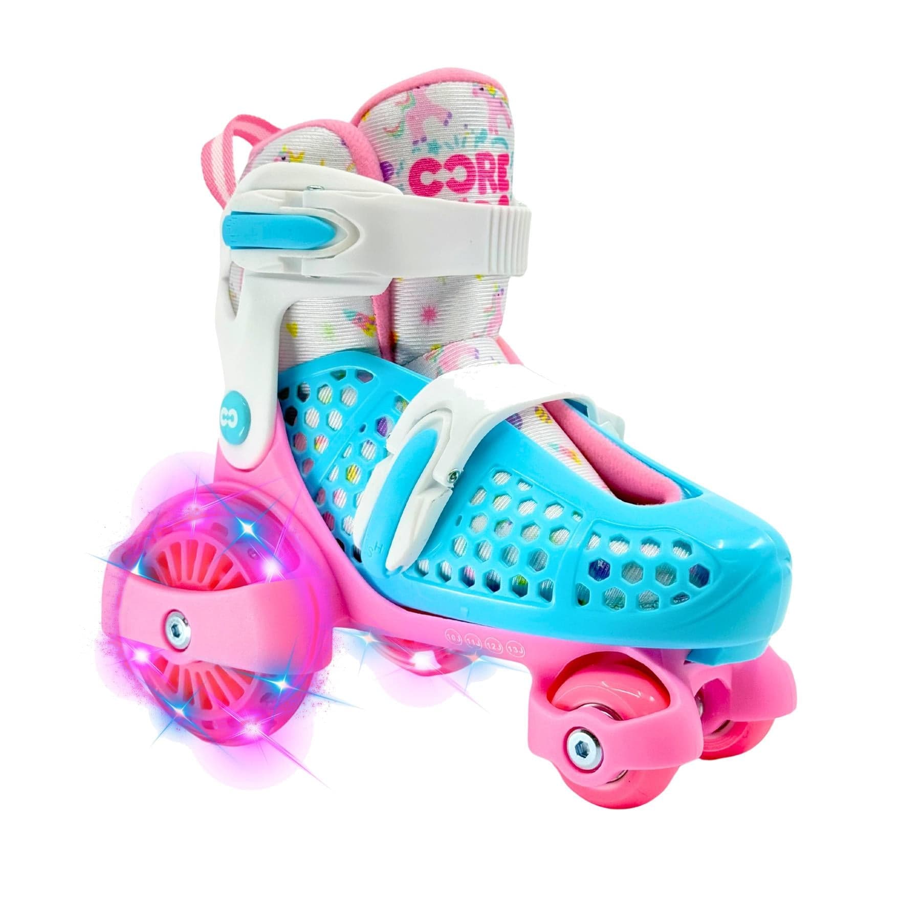 The CORE Kids Newbie LED Adjustable Roller Skates by CORE feature blue and pink accents, white straps, a light-up front wheel, and a soft lining with stars and hearts. Adjustable sizing makes them ideal for first-time skaters with growing feet.