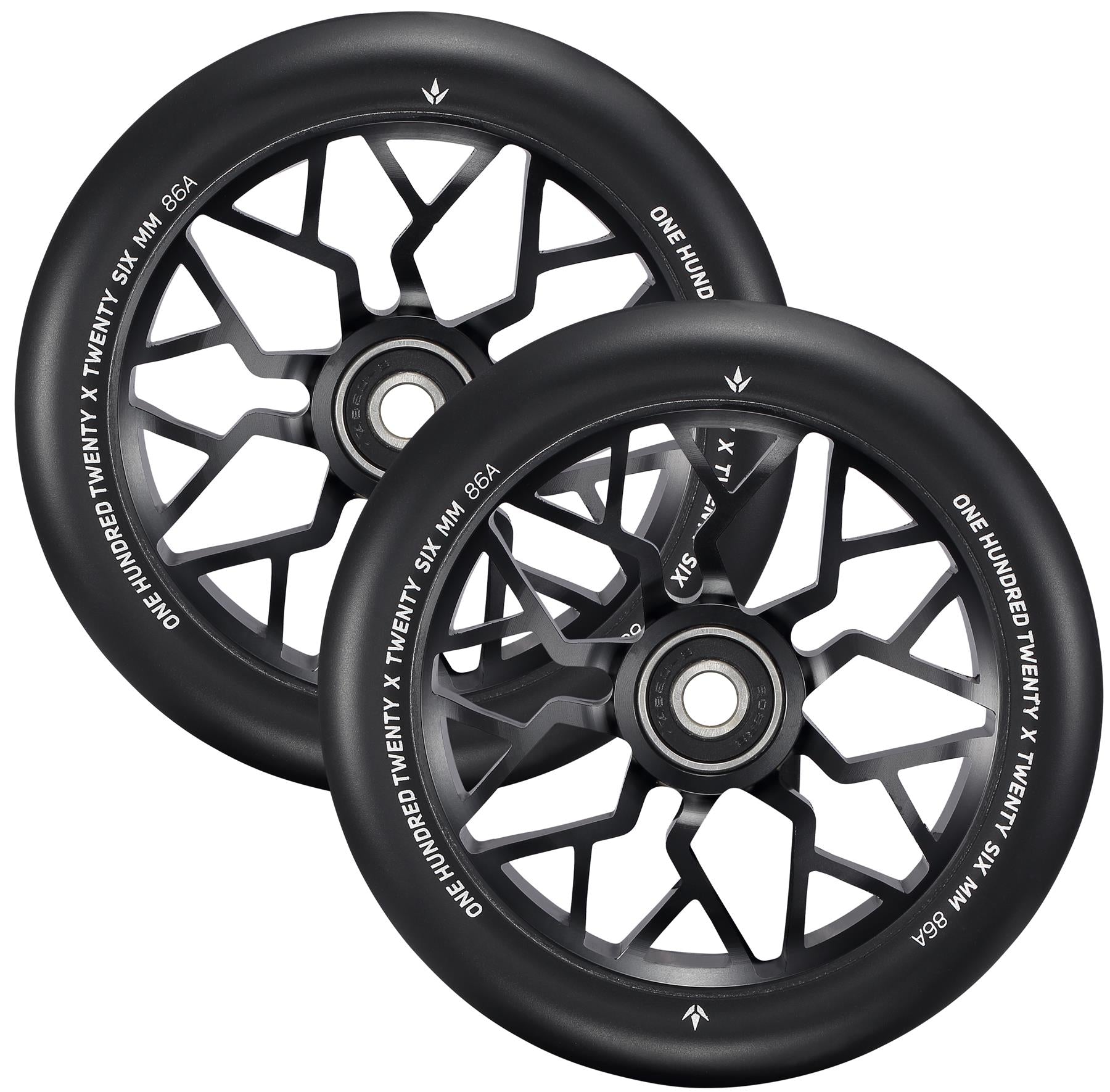 Two Blunt Envy Sector 120mm Stunt Scooter Wheels in black, featuring geometric spoke patterns and white rim text. The wheels are stacked with partial overlap—ideal for the Prodigy X ONE. Brand: Blunt Envy.