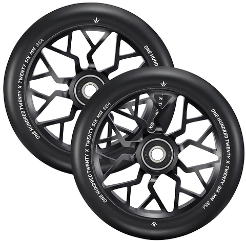 Two Blunt Envy Sector 120mm Stunt Scooter Wheels in black, featuring geometric spoke patterns and white rim text. The wheels are stacked with partial overlap—ideal for the Prodigy X ONE. Brand: Blunt Envy.