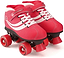The Osprey Disco Quad Roller Skates - Red feature a bright red design with white laces, white stripes, black soles, red wheels and toe stops, plus an ankle Velcro strap for added support.