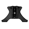Introducing the CORE Scooter Wall & Floor Stand in black, this sleekly designed hanger features a wall-mount system with "CG" prominently displayed in white at the center. Its dual-purpose functionality is enhanced by a central slot and outward extending arms, allowing it to effortlessly support either a guitar or a scooter.