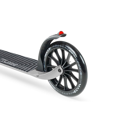 Close-up of the rear wheel of the Madd Gear Metro Cruise 250 Foldable Commuter Scooter by MGP, showing its large black tire with white text, black spokes, grey metal frame, rear fender, and a small red reflector.