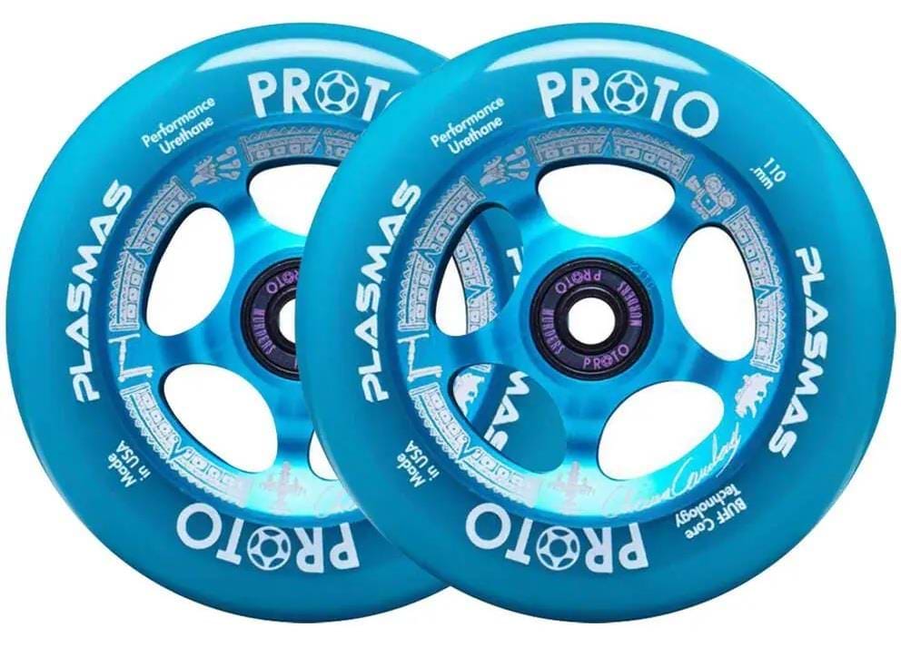 Two Proto Plasma Signature 110mm Stunt Scooter Wheels by Proto, featuring Alien urethane formula and BUFF Core Technology, show black spokes with white graphics as they overlap on a white background.