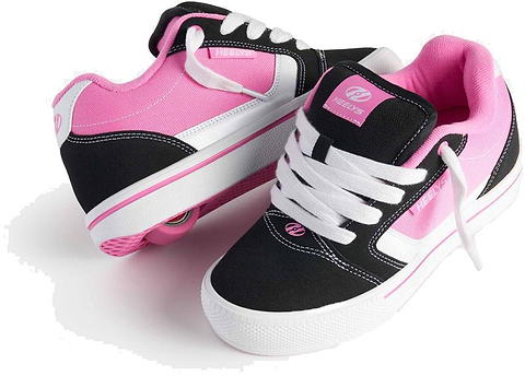 Heelys Pro 25 V2 Girls Shoes by Heelys in black, white, and pink, feature a visible heel wheel on one shoe and retro-inspired design with laces for classic '90s style.