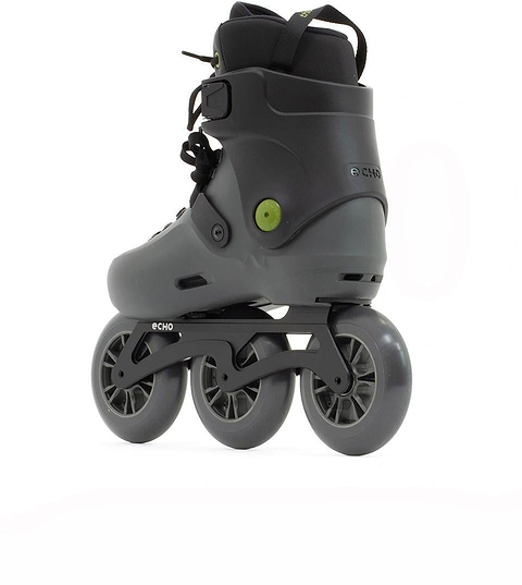 The Echo Sonar 3 Wheel Inline Freeskates in black, featuring a sturdy boot and branded "Echo" on the frame, are ideal for city cruising and are shown against a white background.