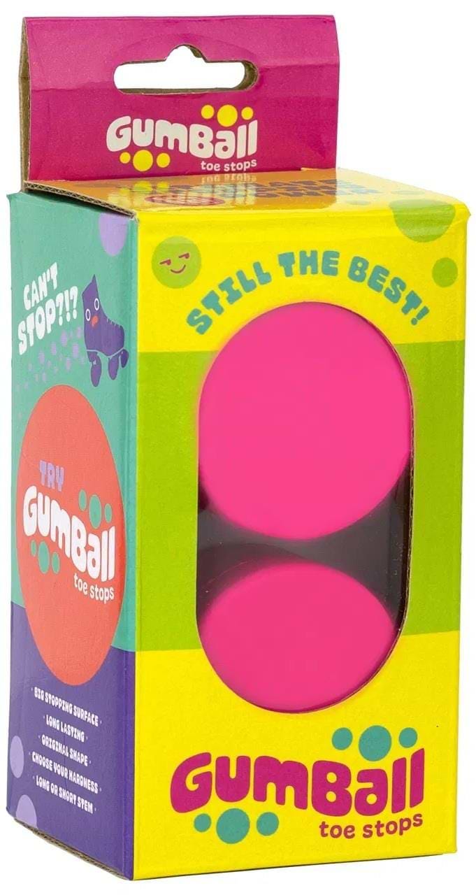 The vibrant packaging of Gumball Roller Skate Long 30mm 75A Toe Stops in Cherry Pink highlights exceptional skating control. The bright pink and green box displays "Gumball Toe Stops" and "Still the Best!" along with two pink toe stop pieces known for their impressive stopping power.