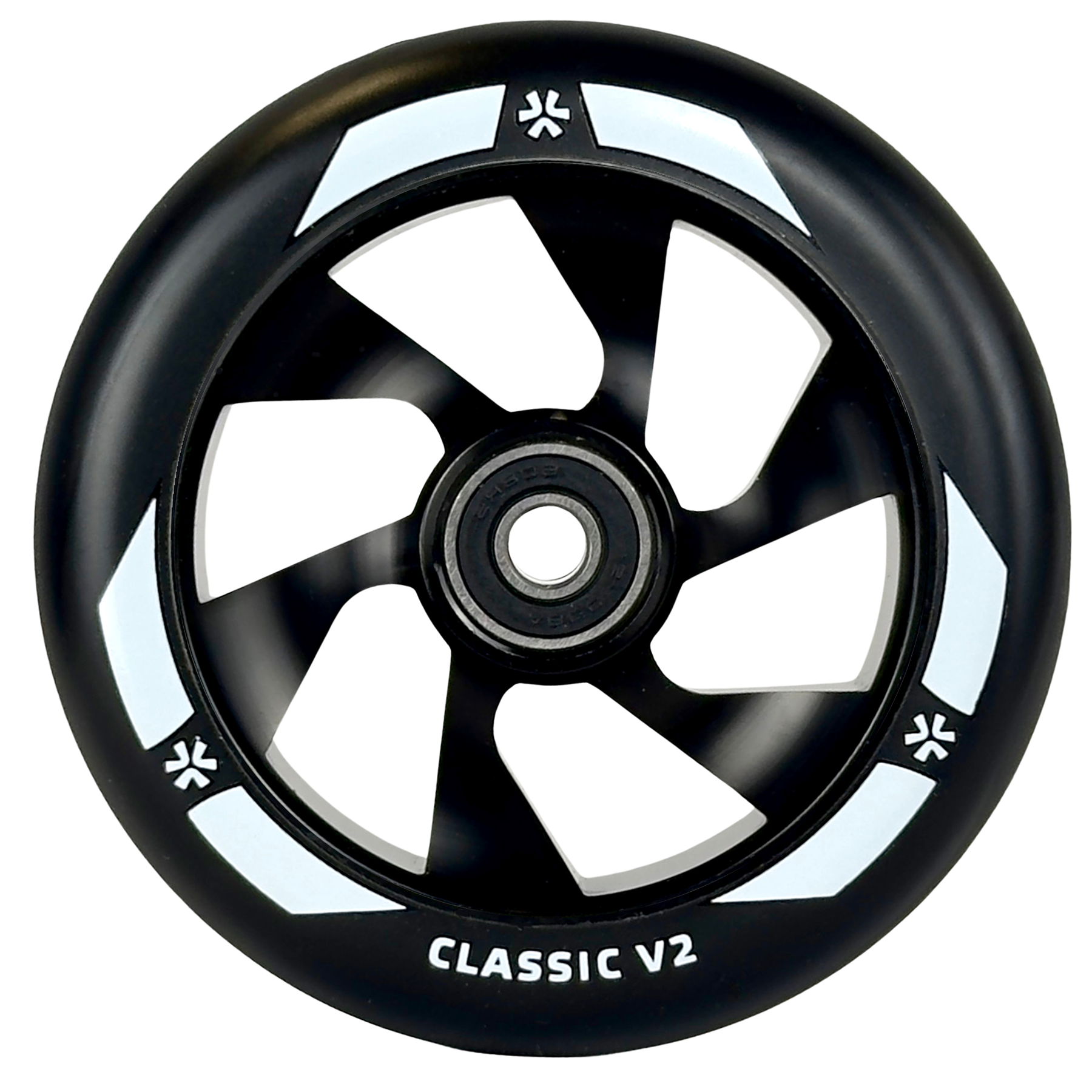 The Union Classic V2 110mm Stunt Scooter Wheel in black features five spokes, white geometric accents, and "CLASSIC V2" on the rim—a lightweight wheel from Union designed for both performance and style.