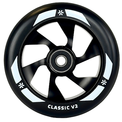 The Union Classic V2 110mm Stunt Scooter Wheel in black features five spokes, white geometric accents, and "CLASSIC V2" on the rim—a lightweight wheel from Union designed for both performance and style.