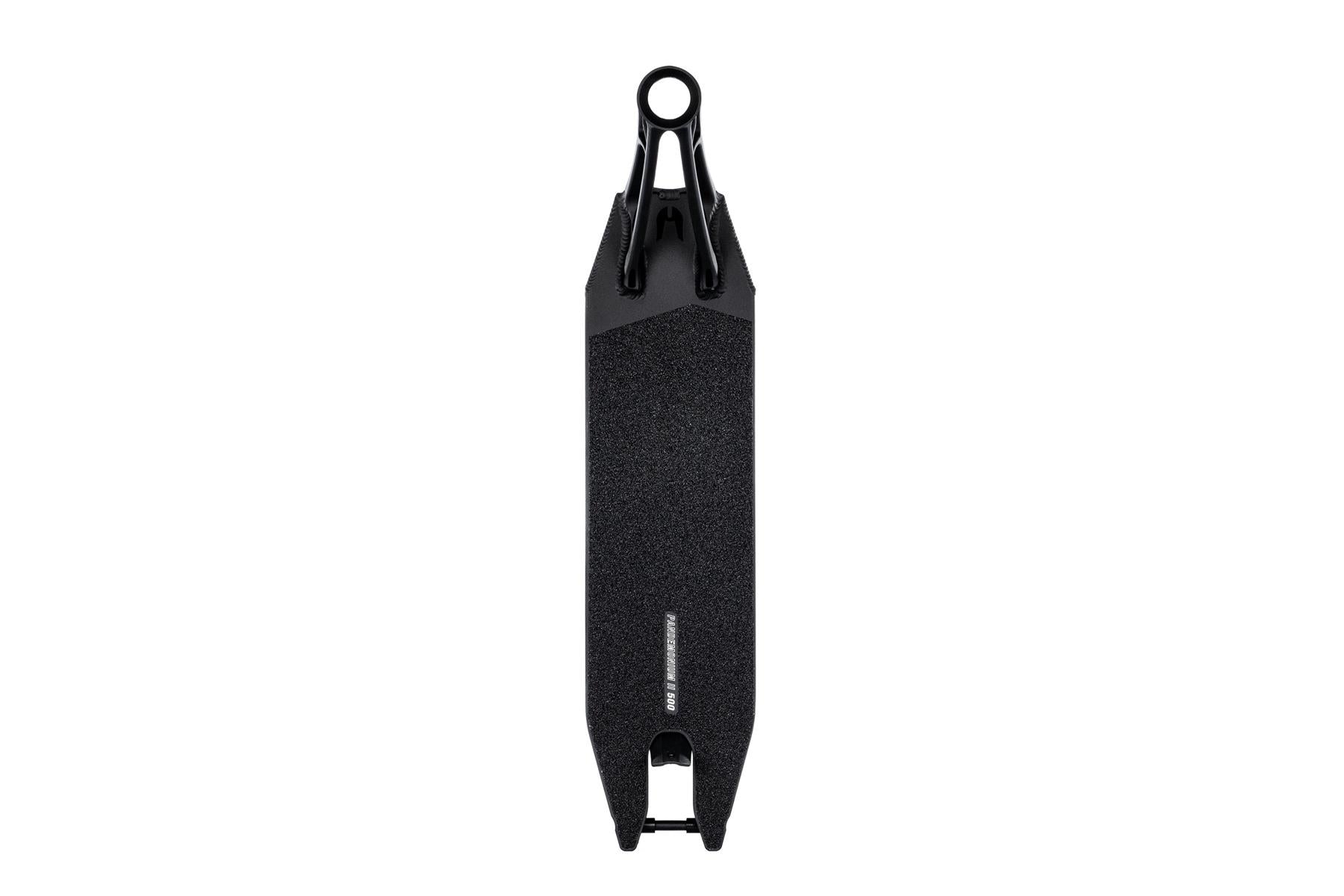 Top view of the Ethic DTC Pandemonium V2 Black Stunt Scooter Deck - 5.1" x 18.1", crafted from 6061-T6 aluminum. This black scooter deck boasts a sleek, minimalist design with a rounded cutout at the tail and a welded attachment at the front for the scooter fork, making it one of the lightest options available.