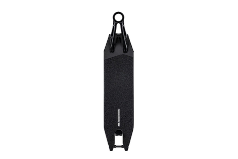 Top view of the Ethic DTC Pandemonium V2 Black Stunt Scooter Deck - 5.1" x 18.1", crafted from 6061-T6 aluminum. This black scooter deck boasts a sleek, minimalist design with a rounded cutout at the tail and a welded attachment at the front for the scooter fork, making it one of the lightest options available.
