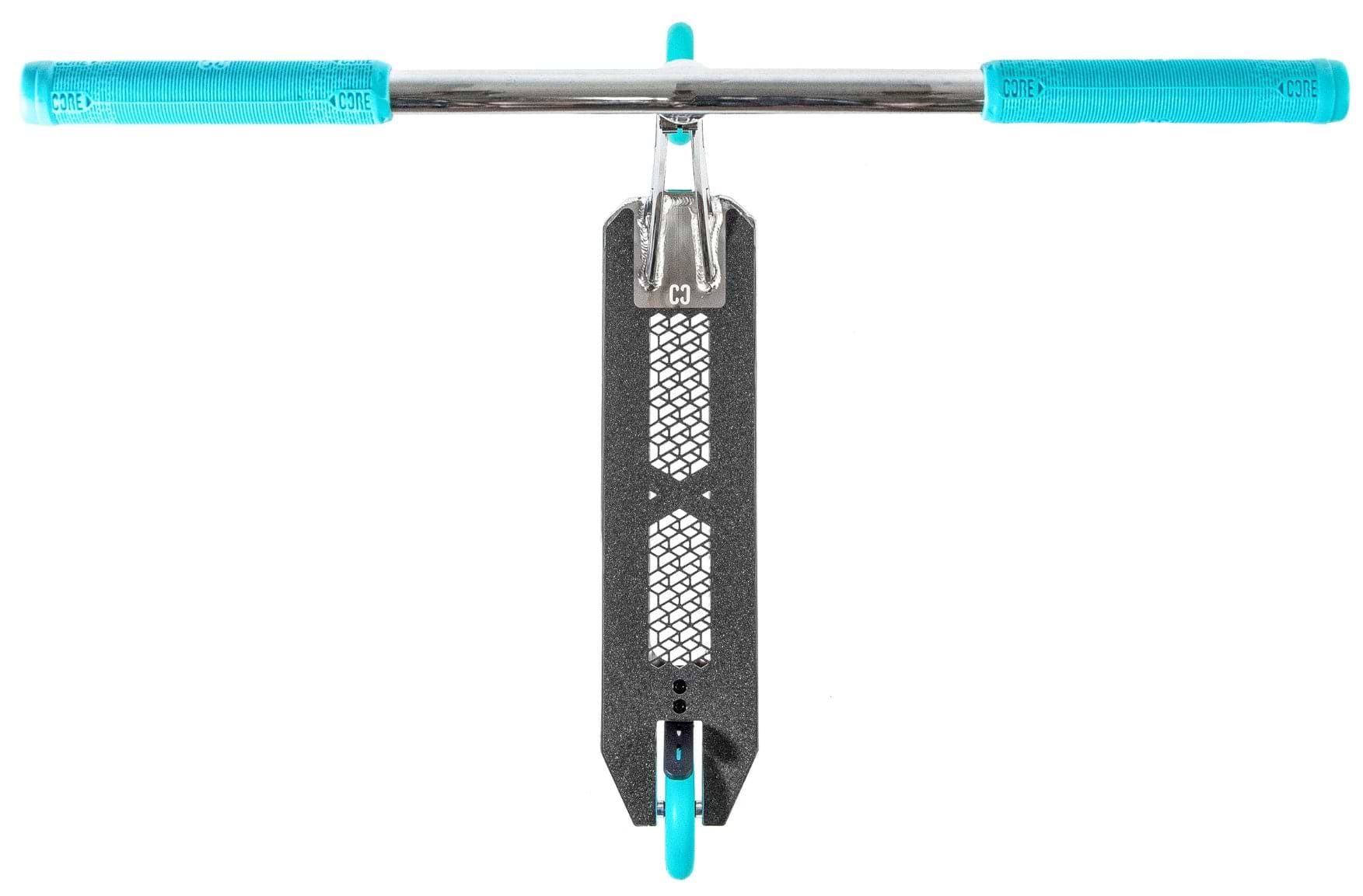The CORE SL3 Complete Stunt Scooter by CORE features a chrome handlebar, teal grips and wheels, and a black deck with patterned grip tape. Shown from above against a white background.