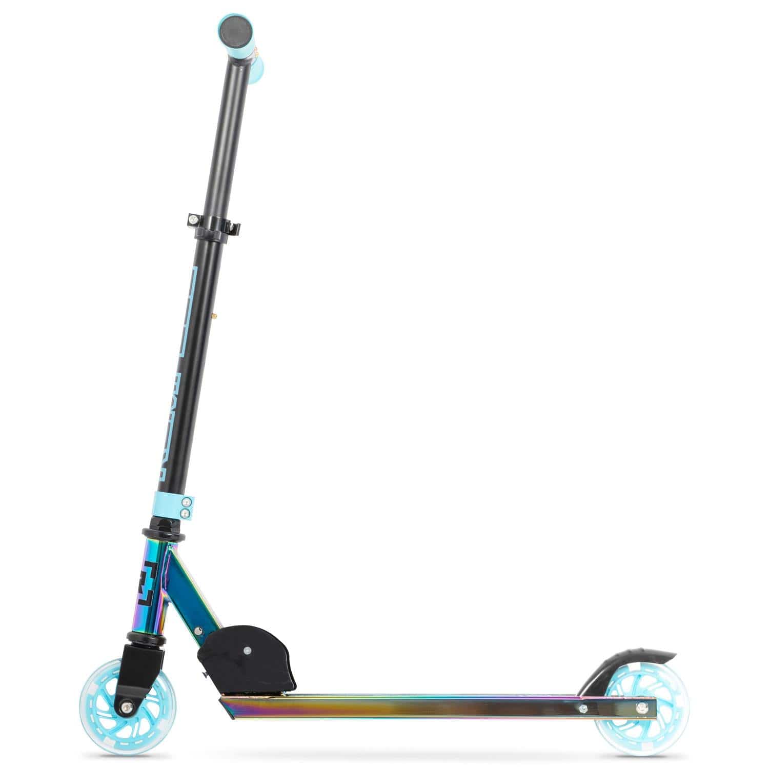 The Rampage Light Up Foldable Kick Scooter in Neochrome/Blue side view.