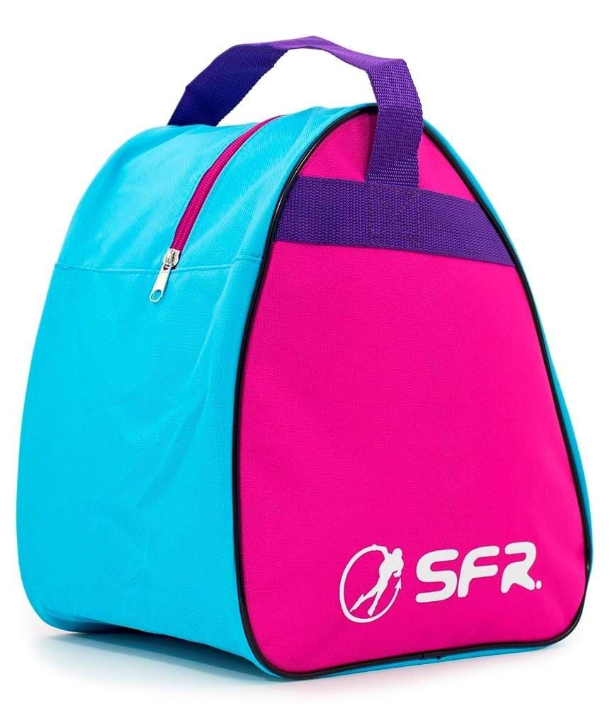 Introducing the SFR Vision Skate Bag - Pink by SFR: This lively and water-resistant skate bag boasts a striking design with a blue body, pink front, and purple handle. It includes a handy zippered pocket on the side and proudly displays the classic "SFR" logo alongside a skater silhouette, making it ideal for stylishly organizing your skate accessories.