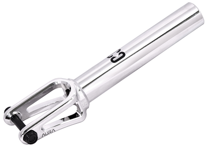 The CORE Aura SCS/HIC Stunt Scooter Forks - Chrome by CORE, crafted from durable 7075 aluminium with a cylindrical body and open cutout for wheel attachment, is shown on a white background.