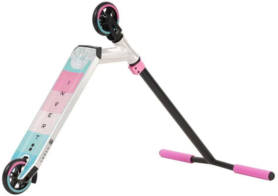 The Invert Supreme 2.5-8-13 Complete Stunt Scooter by Invert features a black handlebar, pink hand grips, and a striped teal, pink, and white deck with "INVERT"—ideal as a skatepark scooter for kids to perform tricks.