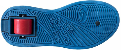 The Breezy Rollers Light Beam Shoes - Blue / Red by Breezy Rollers feature a blue rubber sole with textured patterns, a single red wheel in the heel, and a small circular hole near the toe.