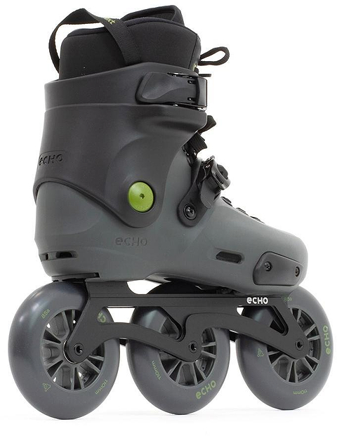 The Echo Sonar 3 Wheel Inline Freeskates by Echo feature a sturdy black and gray plastic boot, secure buckles, green accents, branding, and a wide fit—perfect for city cruising freeskating.