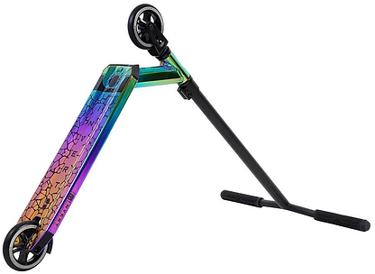 The Invert Supreme 2-8-13 Complete Stunt Scooter - Neochrome features a vibrant rainbow finish, geometric deck pattern, and black handlebars and wheels—perfect for adventurous kids at the park. Shown against a white background.