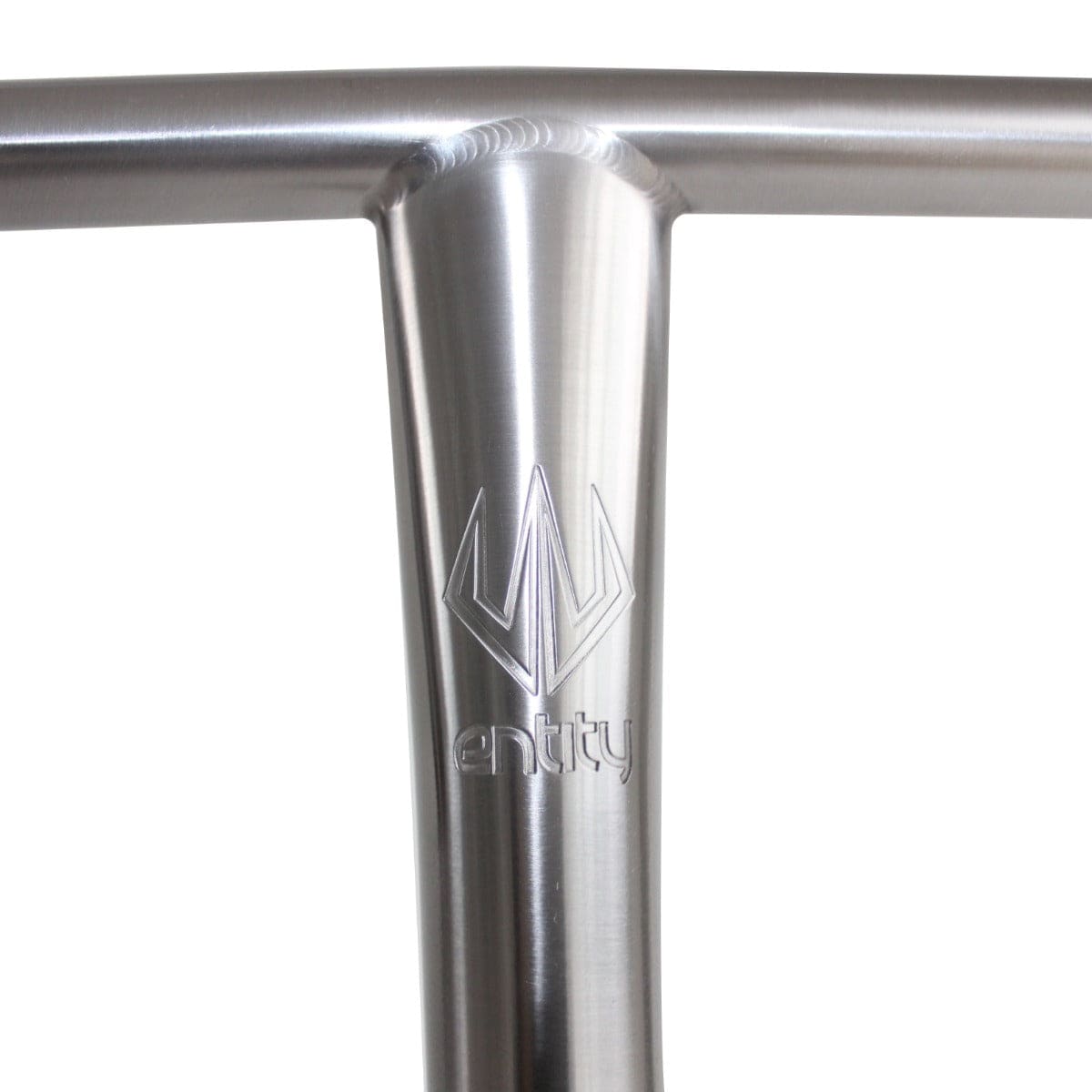 Close-up of a silver, metallic T-shaped scooter handlebar with the "Entity" logo etched on the vertical part. These Entity 9T Titanium Oversized SCS Stunt Scooter T-Bars, crafted from Grade 9 titanium and measuring 680mm x 610mm, boast a smooth and reflective surface ideal for any Titanium Stunt Scooter enthusiast.