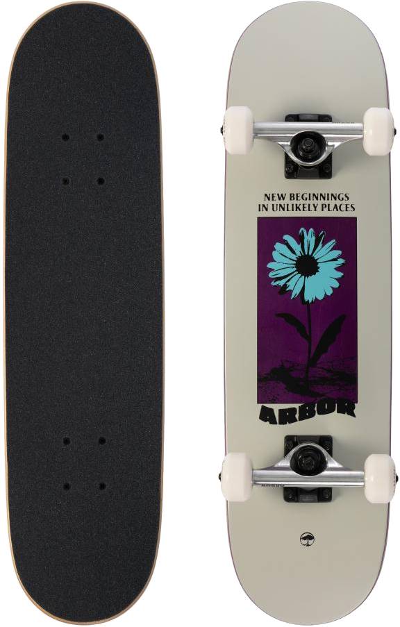 Two skateboards: one features black grip tape, the other is the Arbor Street Revert Daisy Mini Complete Skateboard - 7.5″ x 28.5″ with a blue flower graphic and “New Beginnings in Unlikely Places” on sustainable Canadian maple.