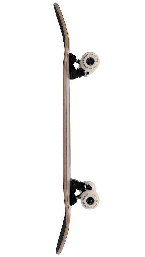 The Arbor Street Revert Daisy Mini Complete Skateboard - 7.5″ x 28.5″ features a curved sustainable Canadian maple deck, black grip tape, and four white wheels with black trucks, perfect for beginners.