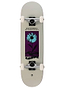 The Arbor Street Revert Daisy Mini Complete Skateboard - 7.5″ x 28.5″ features white wheels and a blue daisy graphic on purple with “NEW BEGINNINGS IN UNLIKELY PLACES” above and “ARBOR” below, made of sustainable maple.