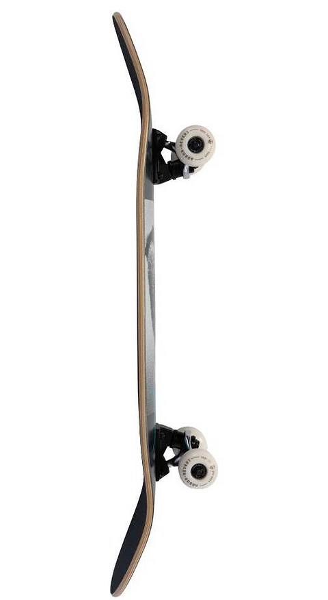 Side view of the Arbor Street Revert Kitten Complete Skateboard - 8.0″ x 31.75″ featuring a Canadian maple deck, black grip tape, exposed wood edges, white wheels, and black trucks.