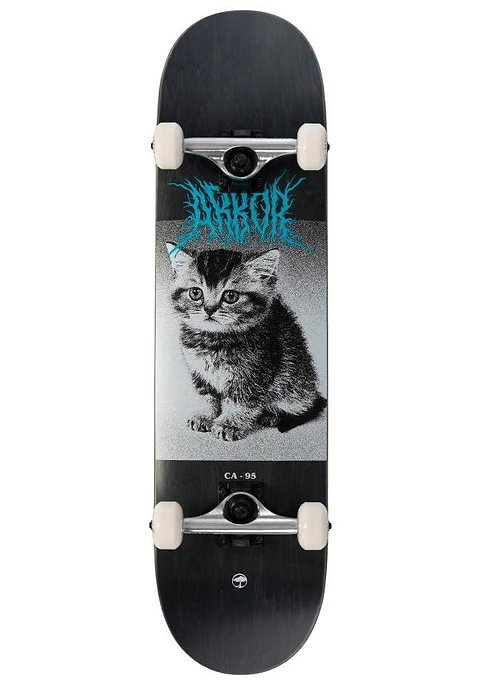 The Arbor Street Revert Kitten Complete Skateboard - 8.0″ x 31.75″ features a black and white kitten graphic with blue text, printed on a sturdy Canadian maple deck.