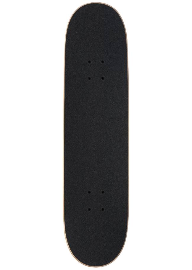 A top-down view of the Arbor Street Revert Kitten Complete Skateboard - 8.0″ x 31.75″, a sleek black deck with grip tape and mount holes, ideal for building your perfect street cruiser or custom skateboard setup.