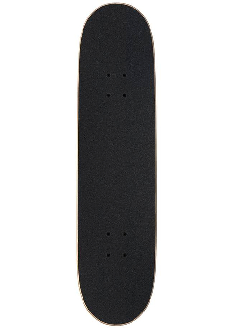 A top-down view of the Arbor Street Revert Kitten Complete Skateboard - 8.0″ x 31.75″, a sleek black deck with grip tape and mount holes, ideal for building your perfect street cruiser or custom skateboard setup.