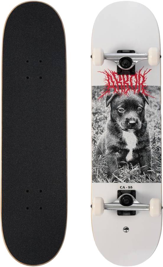 Front and back views of the Arbor Street Revert Puppy Complete Skateboard - 8.25″ x 32″; features a black and white puppy graphic beneath and plain black grip tape on a durable Canadian maple deck.