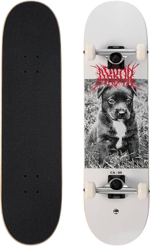 Front and back views of the Arbor Street Revert Puppy Complete Skateboard - 8.25″ x 32″; features a black and white puppy graphic beneath and plain black grip tape on a durable Canadian maple deck.