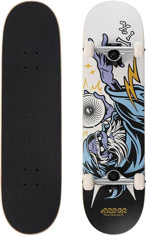 The Arbor Street Revert Wizard Complete Skateboard - 8.25″ x 32″ by Arbor features a plain black grip tape top and dynamic blue-robed artwork with lightning bolts underneath—ideal for street and park skating.