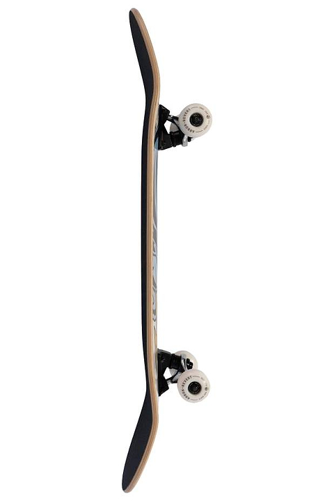 A side view of the Arbor Street Revert Wizard Complete Skateboard - 8.25″ x 32″ with a curved deck, black grip tape, black trucks, and white wheels—ideal for street and park skating against a white background.