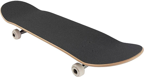 A black Arbor Street Revert Reaper Complete Skateboard - 8.5″ x 32.125″ by Arbor, featuring a sustainable Canadian maple deck, wooden edge, and white wheels is viewed from an angle.
