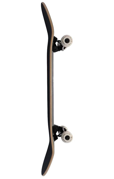 The Arbor Street Revert Reaper Complete Skateboard - 8.5″ x 32.125″ is shown side-on, with a sustainable Canadian maple deck, black grip tape, white wheels on black trucks, all set against a white background.