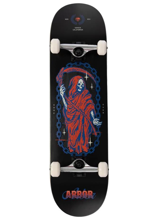 The Arbor Street Revert Reaper Complete Skateboard - 8.5″ x 32.125″ by Arbor features a wide black deck, red and blue Grim Reaper graphic, chain border on Canadian maple, and white wheels.
