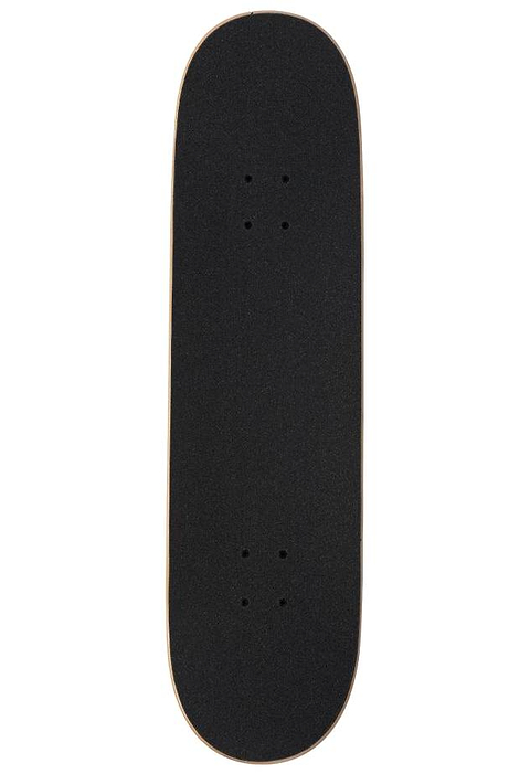 The Arbor Street Revert Reaper Complete Skateboard - 8.5″ x 32.125″ features a black sustainable Canadian maple deck with plain grip tape and pre-drilled holes for trucks, viewed from above.
