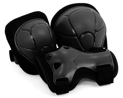 The SFR Essentials Youth Triple Pad Set V2 - Black by SFR includes two knee pads and one wrist guard with hard plastic shells and adjustable straps, delivering reliable protection for kids during skateboarding or rollerblading.