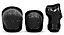 The SFR Essentials Youth Triple Pad Set V2 - Black by SFR includes elbow pads, knee pads, and wrist guards with hard plastic shells, providing protective gear for kids during skateboarding or biking. Displayed against a white background.